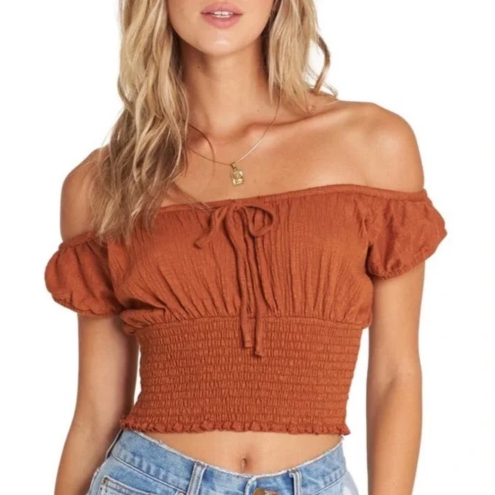 Billabong Getaway Smocked Body Off The Shoulder Crop Top In Rusty Orange